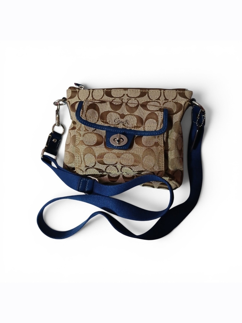 Coach Tan Signature Crossbody with Blue Trim and Strap